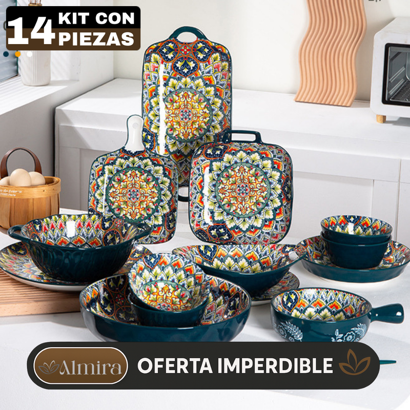 Juego de Comedor Completo de 14 Piezas en Cerámica con Estampa Elegante y Diseño Atemporal