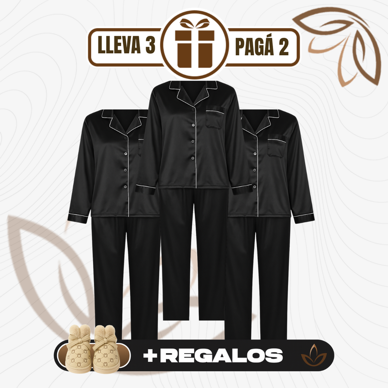[Llevá 3 Pagá 2] Pijama Femenino Mona en Satén y Seda Hielo (Confort y Suavidad Únicos) + Pantufas de Regalo
