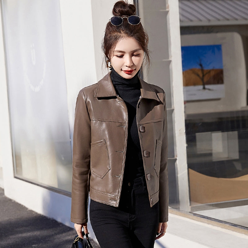 [Llevá 2 Pagá 1] Campera Femenina Luara de Cuero Legítimo con Bolsillos Laterales (¡Textura suave y diseño retro!)