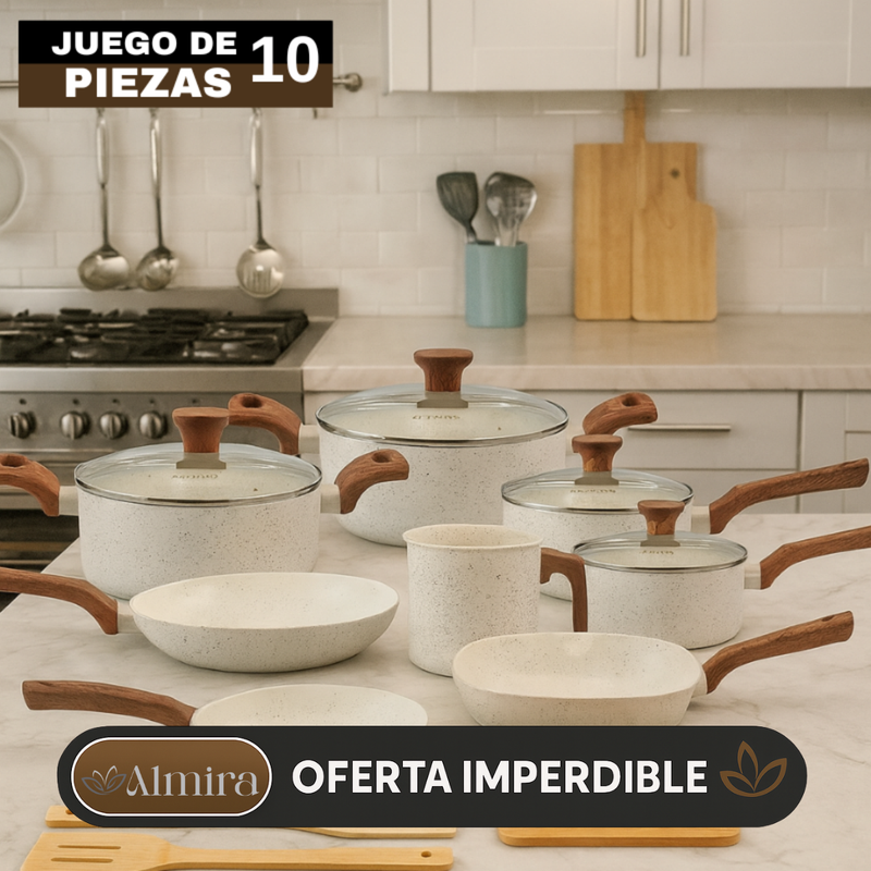 Conjunto Completo de 10 Piezas en Acero Inoxidable con Revestimiento de Cerámica y Mangos de Madera